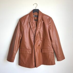 Zara Faux Leather Double Breasted Brown Blazer‎ Jacket